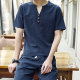 夏季新款2016亚麻短袖T恤男日系中国风t恤衫青年棉麻休闲两件套装