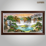 小乐熊手绘新中式聚宝盆风景油画迎客松客厅沙发背景有框装饰画