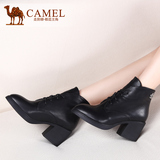 Camel/骆驼女鞋 冬季新款休闲短靴尖头系带小牛皮粗高跟女靴子