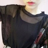 夏装韩国宽松显瘦纯色镂空套头网衫罩衫女 薄款透视针织衫T恤衫