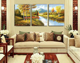 风景油画 纯手绘欧式无框三联幅装饰画客厅卧室正品油画 宜人秋色