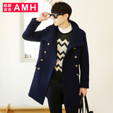 AMH男装韩版2015冬装新款男简约纯色修身青年长款毛呢大衣外套荞