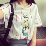 夏季新款女装韩国卡通可爱条纹短袖t恤女学生宽松闺蜜姐妹装体恤
