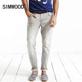 Simwood男装夏季新品男士牛仔裤复古做旧微弹牛仔长裤潮磨白男裤