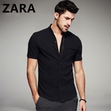 Zara男装短袖衬衫 香港代购新款v领夏装男士简约时尚纯色衬衣单色