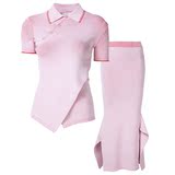 林允同款套装粉色翻领针织短袖上衣+不规则包臀开叉半身裙两件套