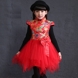 2015秋冬女童童装民族风公主裙中国风红色连衣裙儿童新年服装