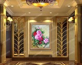 竖版挂壁画工装饰花开富贵欧美式手绘餐客厅玄关油画牡丹花卉过道