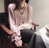 韩国气质女人味的上衣褶皱喇叭袖裸粉色衬衫女