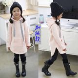 韩国童装女童冬装加绒长款连帽套头卫衣韩版中大童加厚粉色连衣裙
