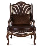 美式实木皮艺单人沙发椅欧式时尚简约高背老虎椅法式新古典休闲椅
