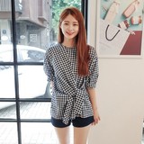 韩国代购Cherrykoko官网正品直邮 夏新款 独特的系结宽松格纹衬衫