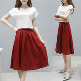 新款韩版棉麻连衣裙中长款显瘦圆领白色短袖纯色蓬蓬裙两件套装潮