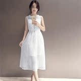 夏装新款韩版女神气质范时尚连衣裙纯色修身显瘦欧根纱两件套长裙