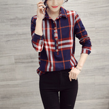 2016韩版经典短款条纹女士衬衫 修身长袖格子衬衣打底衫学生上衣