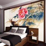 大型壁画牡丹电视背景墙壁纸中式壁画客厅卧室贴画无缝整张