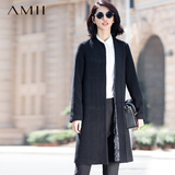 Amii旗舰店冬新款艾米无领按扣中长款纯色修身羊毛呢外套大衣女
