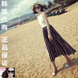 韩国夏季新款半身裙夏波西米亚条纹松紧腰中长款韩版百褶沙滩长裙