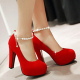 红色婚鞋粗跟新娘鞋圆头超高跟伴娘鞋婚庆红鞋宴会礼服串珠单鞋