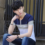 夏季男士薄款短袖T恤青少年V领韩版修身青春流行百搭条纹莫代尔棉
