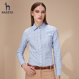 Hazzys哈吉斯2016春季新品女装纯棉衬衫女长袖方领圆点衬衣修身