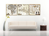 分部图欧美仿古式三联画 办公室卧室墙画客厅装饰画立体地图 世界