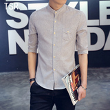 夏季男士韩版条纹文艺衬衫青年英伦修身七分袖衬衣时尚短袖寸衫潮