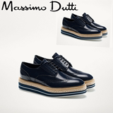Massimo Dutti鞋真皮系带圆头系带女鞋牛皮蓝色复古厚底德比单鞋