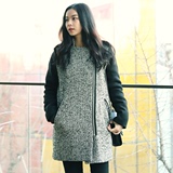 韩国代购2015Jan新春装女款宽松短条纹斜拉链拼接立领风衣外套特
