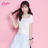 Candie's2016夏新款甜美纯色蕾丝拼接圆领短袖针织衫薄女30062243