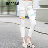 洛可可2016夏装新款九分裤时尚休闲白色破洞拼贴卡通图案牛仔裤女