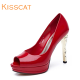 KISS CAT新品漆皮鱼嘴高跟女鞋显瘦纯色防水台单鞋D55324-01KC-W