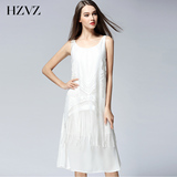 HZVZ欧美简约2016夏装新品无袖镂空流苏性感中长款蕾丝雪纺连衣裙
