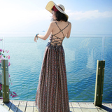 2016夏季新品女装开叉无袖吊带雪纺连衣裙波西米亚长裙海边沙滩裙