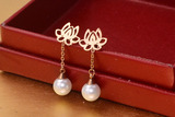 莲花吊珍珠钛钢耳钉14K玫瑰金彩金防过敏不褪色韩版欧美花朵耳环
