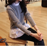 2016春装韩国新款女时装韩版假两件套头薄毛衣潮中长款衬衫针织