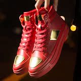 红色高帮鞋男鞋厚底中帮板鞋春夏韩版个性时尚休闲潮鞋系带增高鞋