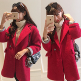 2015冬装新款韩版红色茧型毛呢外套中长款宽松大码羊毛呢子大衣女