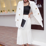 2016夏季韩版白色鱼尾半身裙中长款包臀裙下摆百褶修身显瘦高腰