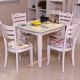 田园实木餐桌可伸缩 白色烤漆 钢化玻璃餐桌饭桌 一桌四椅 名驼