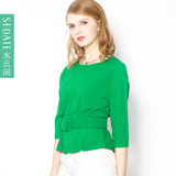 水云间圆领T恤女套头2016春季新品绿色修身显瘦打底小衫 配腰带