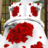 全棉3D四件套红玫瑰花束被套白色床单4件套斜纹被套床品 花信年华