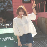 夏季女装2016新款韩版宽松纯色半开领灯笼袖七分袖套头T恤女上衣