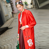 2015秋冬新款气质精品手绘中长款休闲大码红色风衣中国风女装外套