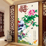 中式牡丹花鸟福字玄关背景墙纸 走廊过道大型壁纸定制无纺布壁画