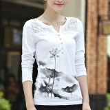 中国风水墨印花蕾丝V领打底衫女秋装长袖白色T恤女人衣服内搭2015