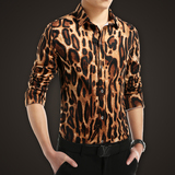 秋季豹纹印花长袖衬衫男士加肥加大码衬衣青少年韩版个性潮流男装