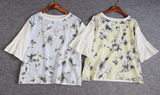 出口日本夏季新款女装喇叭袖拼色七分袖短袖短款T恤
