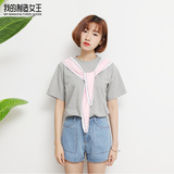 夏季新款韩国韩版学院风拼接绑带兔子印花圆领短袖T恤上衣 女潮