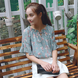 2016夏装新款韩版学院风宽松花朵雪纺半截袖 褶皱短袖T恤女上衣潮